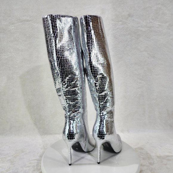 Silver Metallic  Festive   Pointy Toe Boots With 4 inch Stiletto Heel - Picture 10 of 11